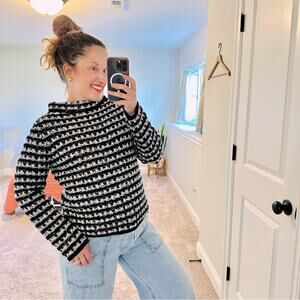 Ann Taylor Black White Textured Knit Mockneck Professional Sweater Medium